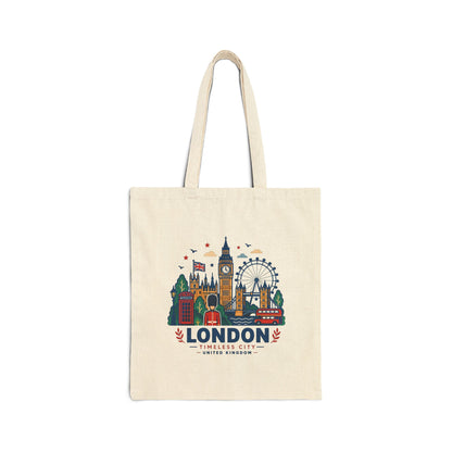Natural canvas tote bag with colorful London skyline graphic on the front