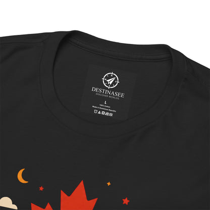 Black T-shirt close-up with neck label and partial colorful stars and maple leaf graphic