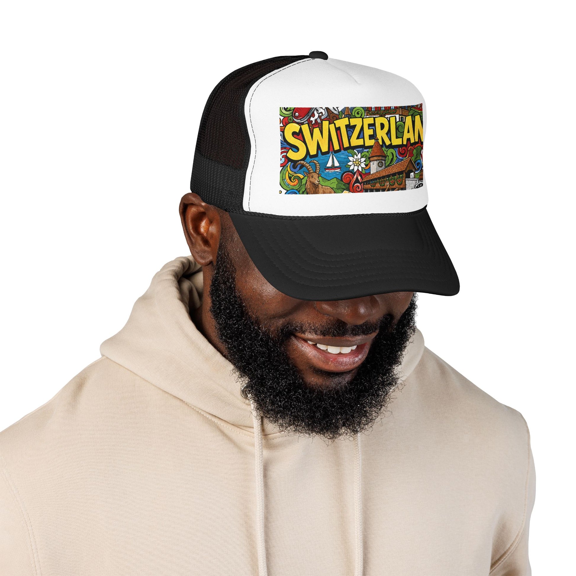 Trucker hat with black mesh, white front panel, black curved brim, and Switzerland graphic patch