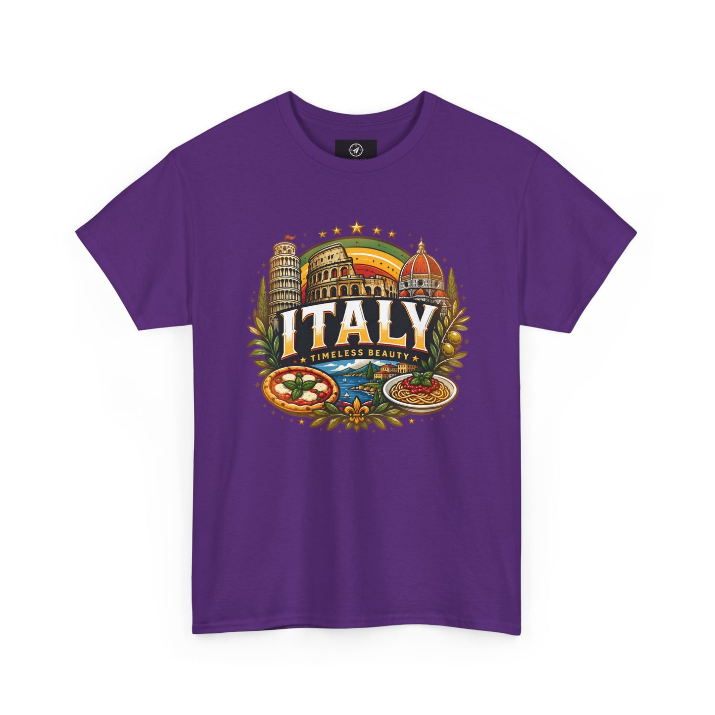 Purple short-sleeve crewneck T-shirt with vintage Italy city graphic on front