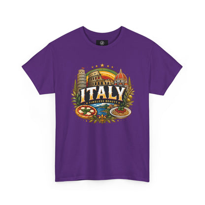 Purple short-sleeve crewneck T-shirt with vintage Italy city graphic on front