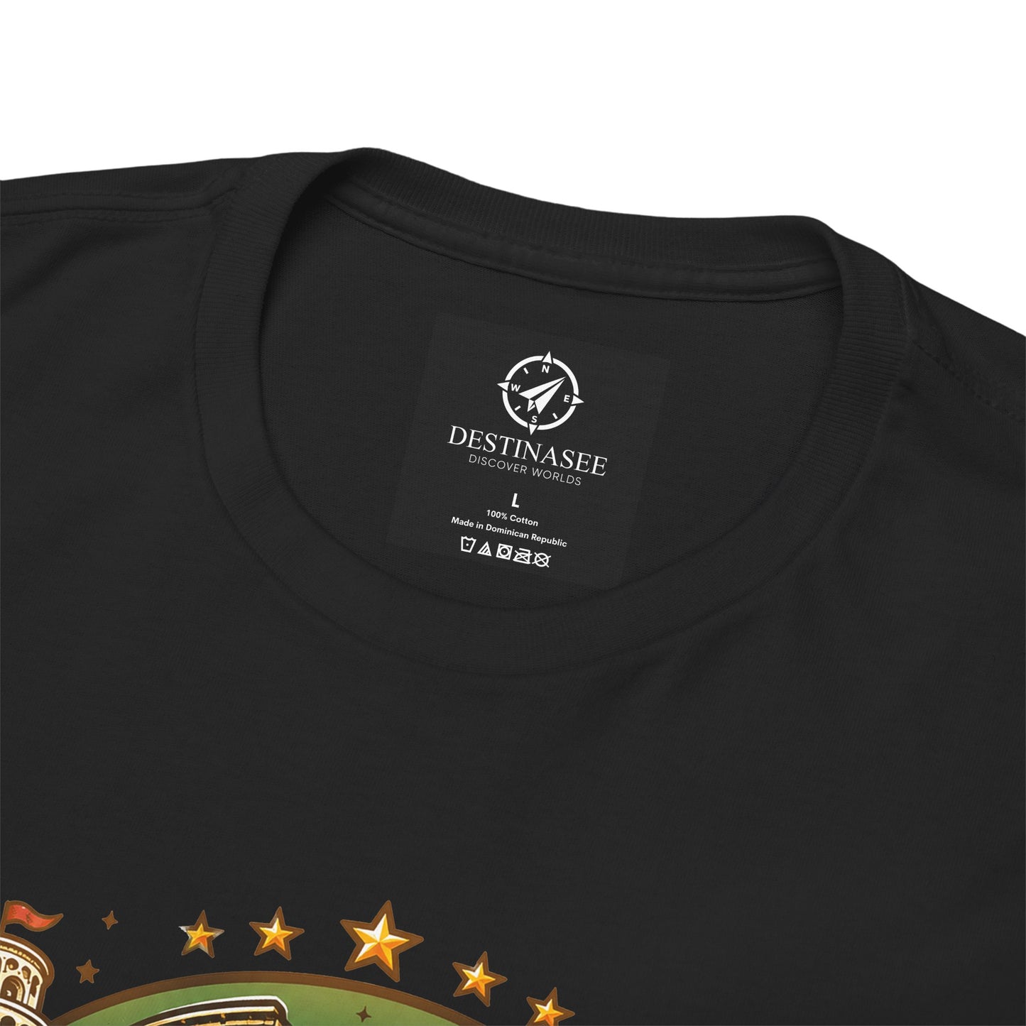 Black t-shirt close-up of neck label with partial front graphic