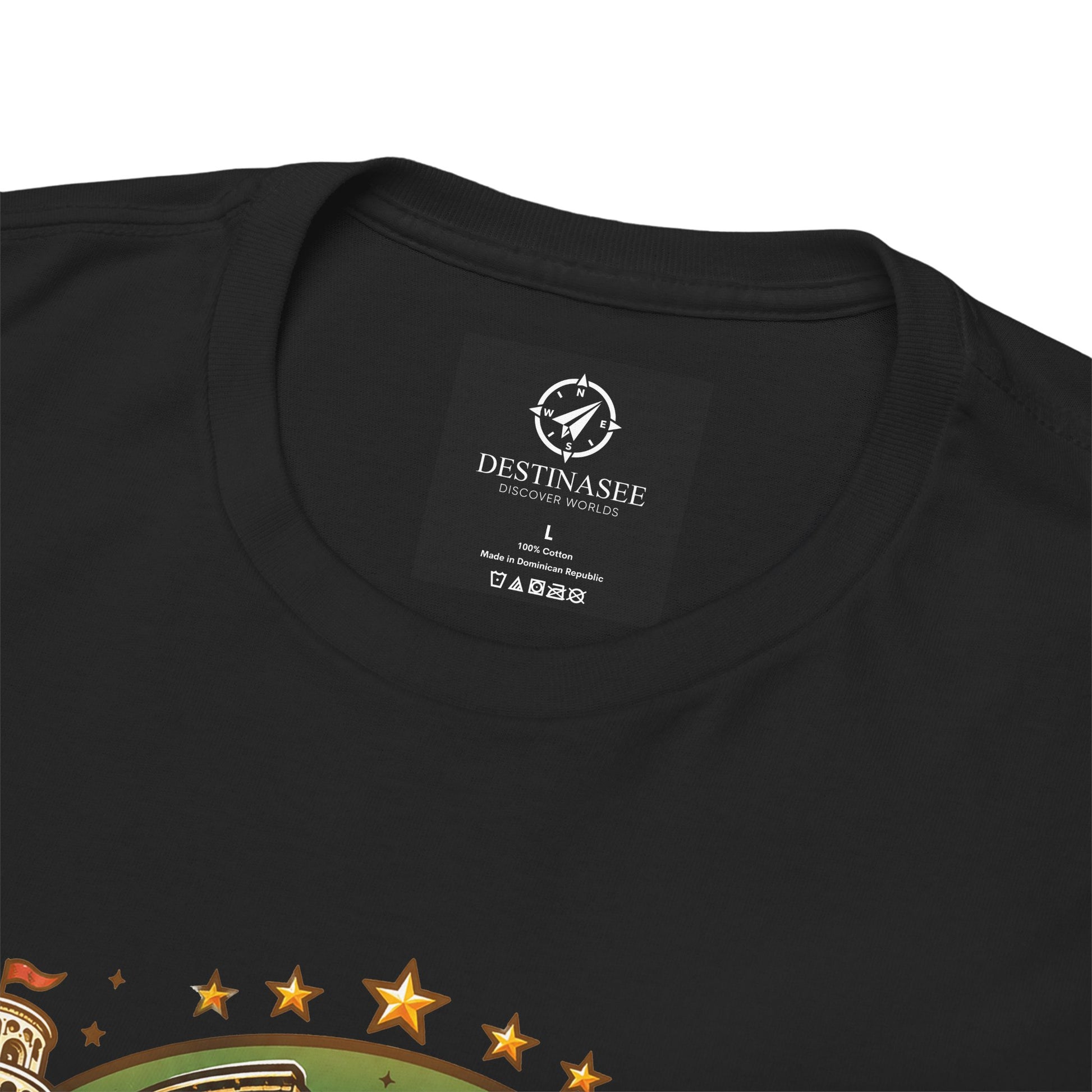 Black t-shirt close-up of neck label with partial front graphic