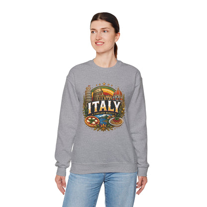 Sport grey crewneck sweatshirt with colorful Italy graphic on the front.