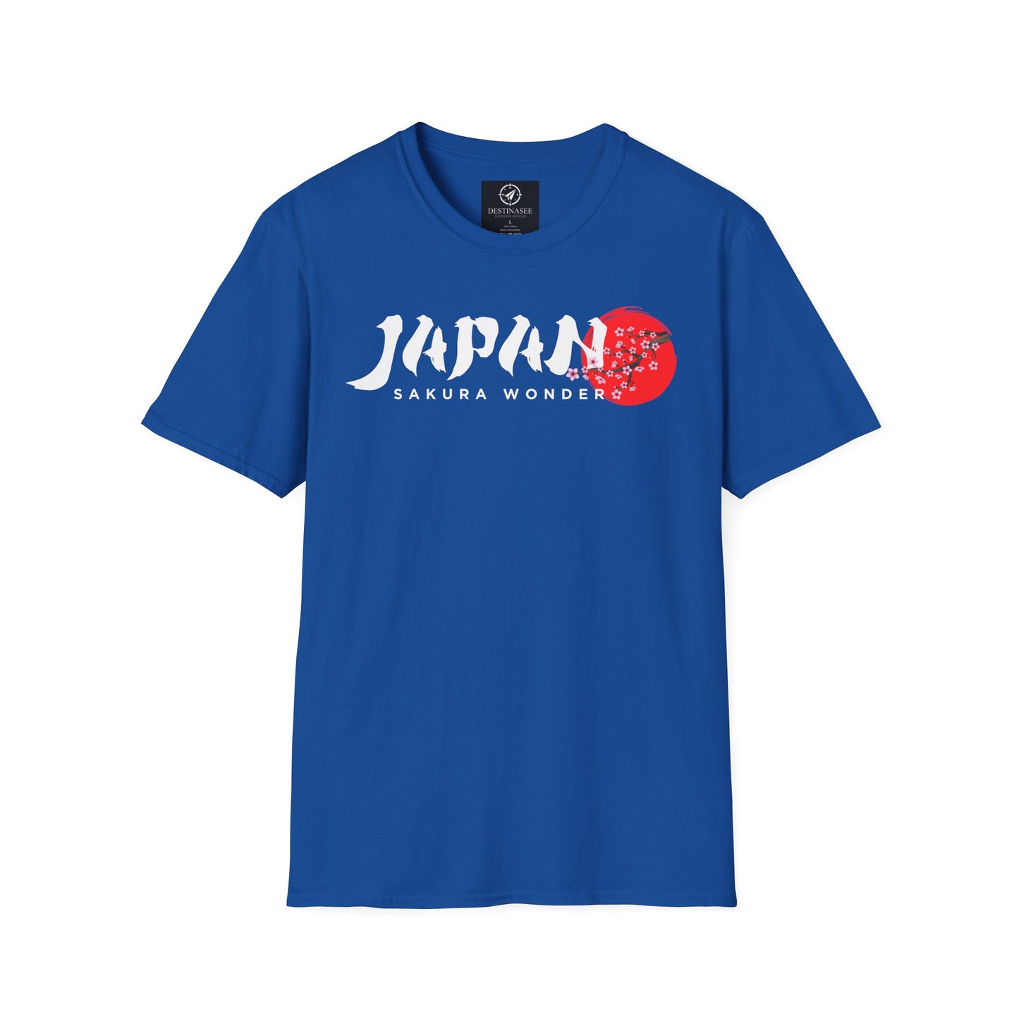 Blue T-shirt with white “Japan” text and red cherry blossom graphic on chest