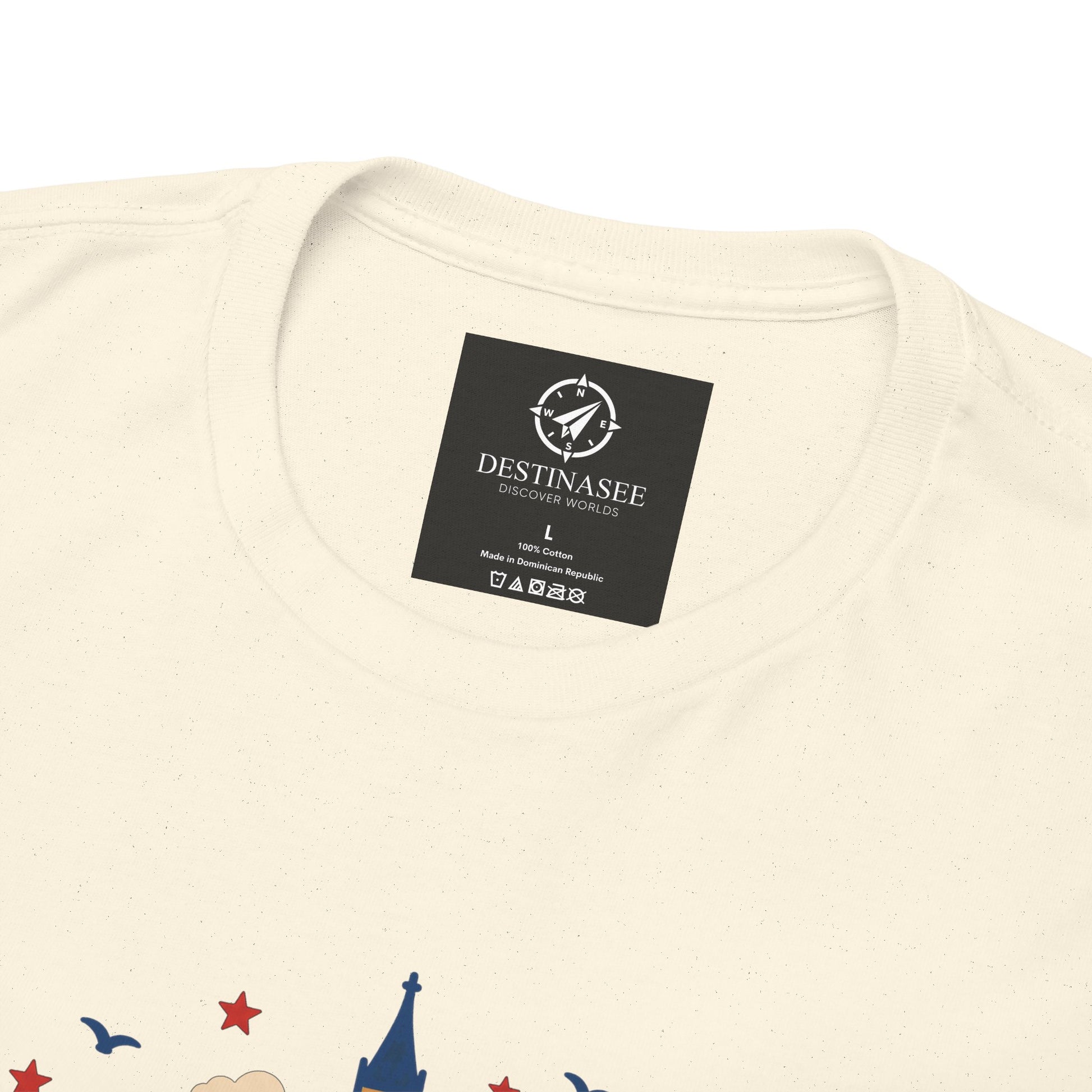 Natural crew-neck T-shirt with neck label and partial London skyline artwork