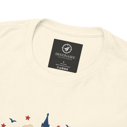 Natural crew-neck T-shirt with neck label and partial London skyline artwork