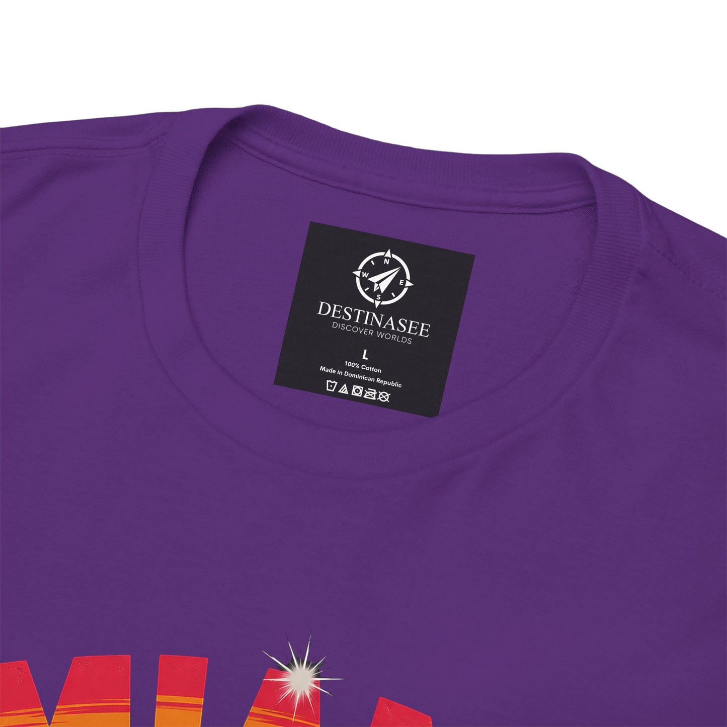 Purple t-shirt with Destinasee neckline label and partial graphic
