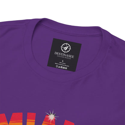 Purple t-shirt with Destinasee neckline label and partial graphic