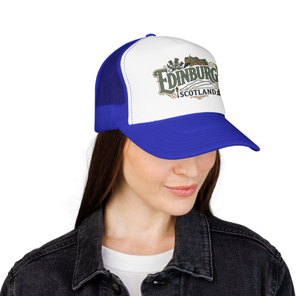 Edinburgh Scotland trucker hat, blue mesh and white front with logo patch