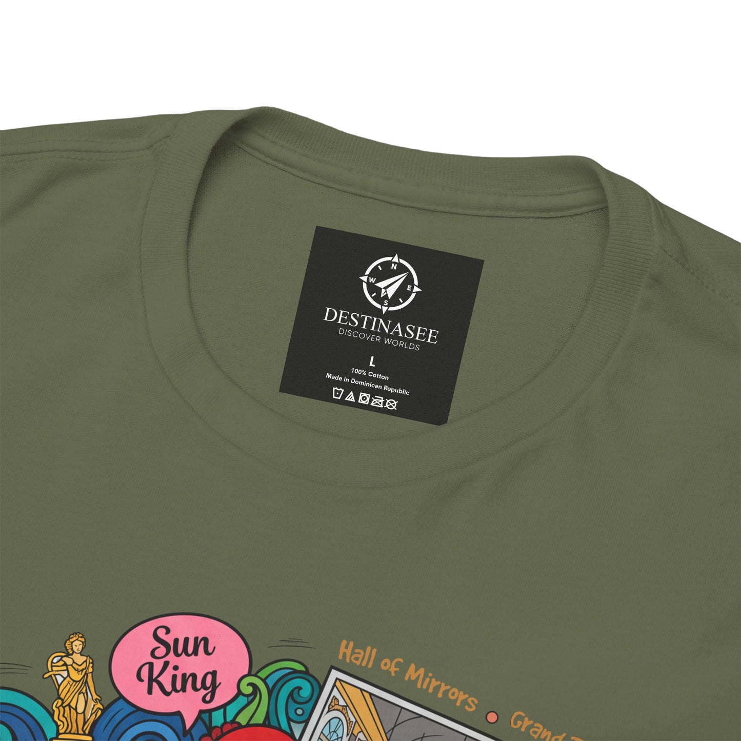 Versailles France illustration T-shirt close-up in olive green, neck label and graphic