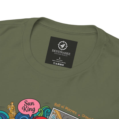 Versailles France illustration T-shirt close-up in olive green, neck label and graphic