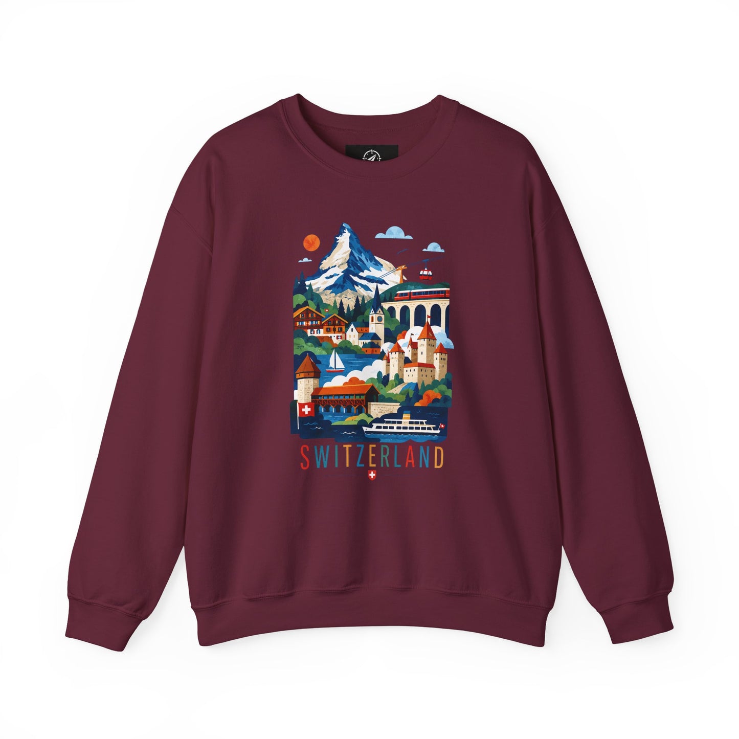 Maroon crewneck sweatshirt with colorful Switzerland landscape graphic on front.