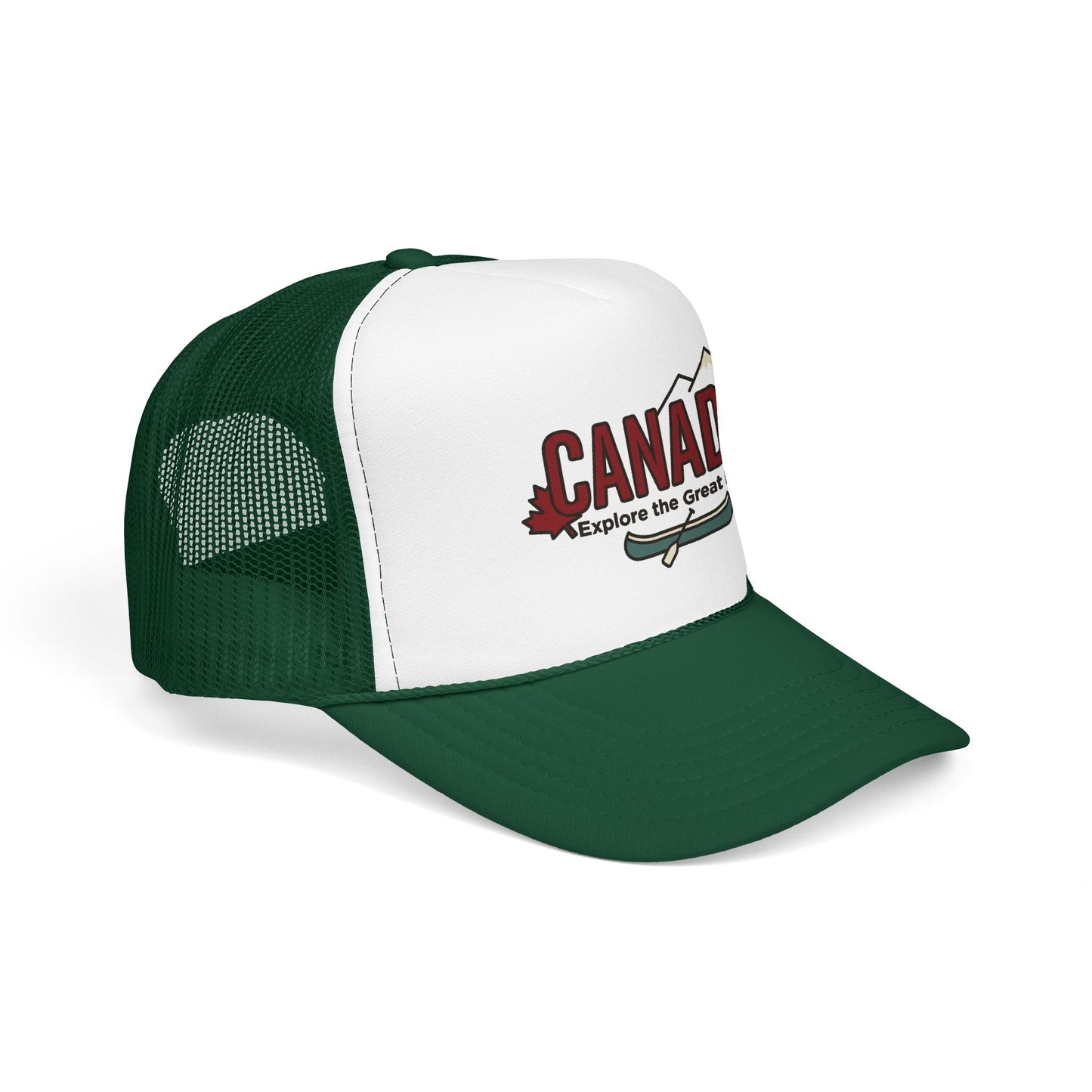 Dark green mesh trucker hat with white front panel and Canada graphic embroidery