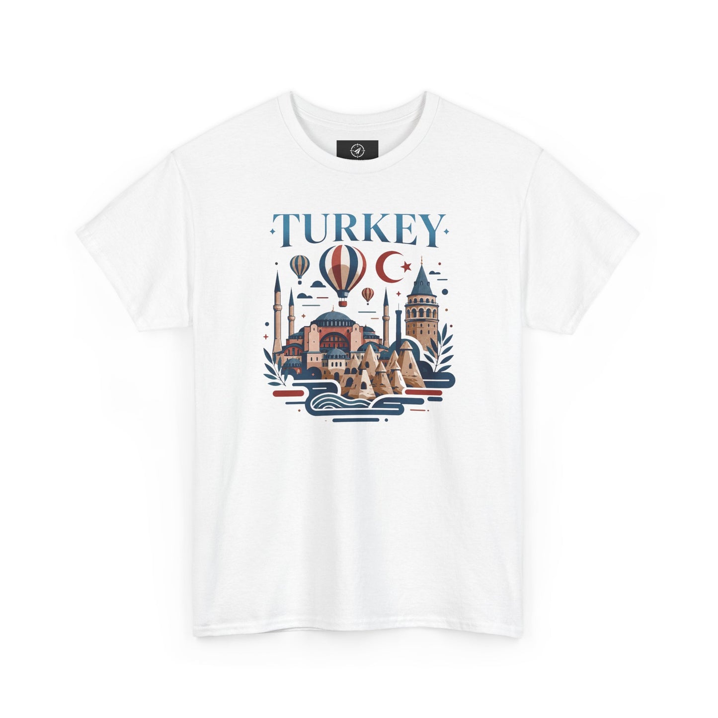 White T-shirt with blue Turkey-themed skyline, hot air balloon, and crescent moon graphic