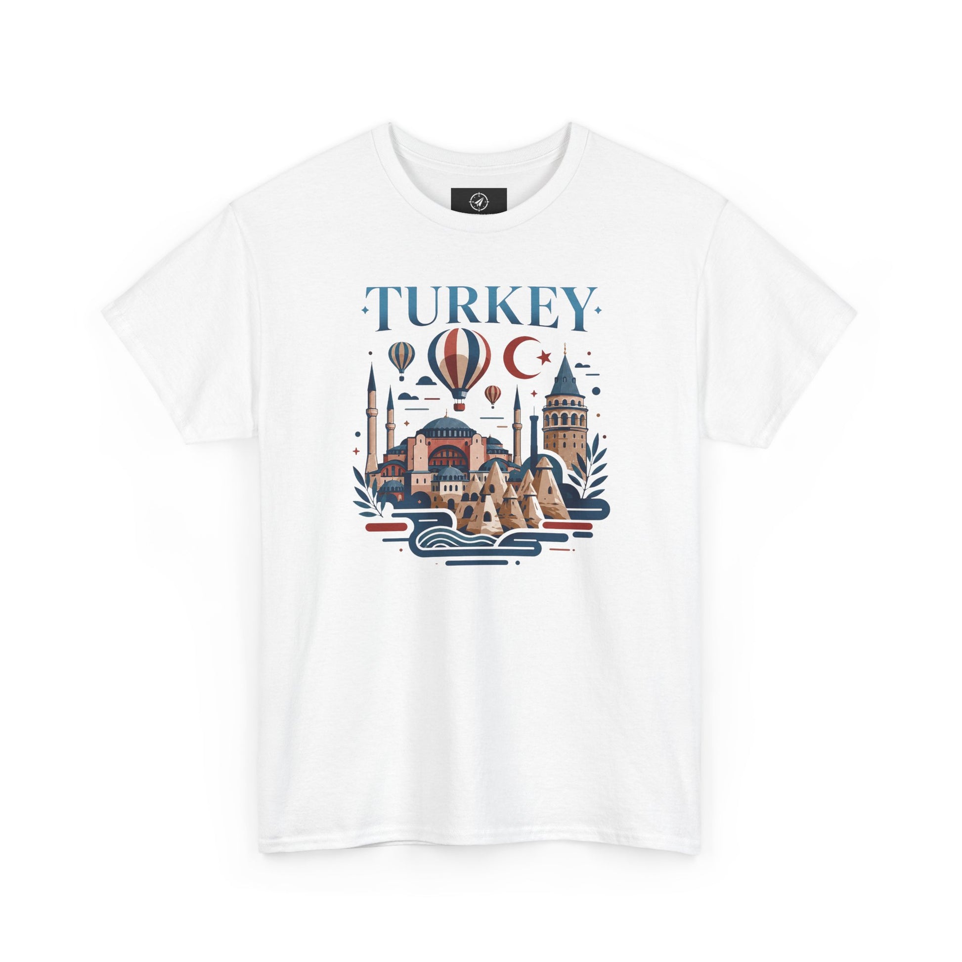 White T-shirt with blue Turkey-themed skyline, hot air balloon, and crescent moon graphic