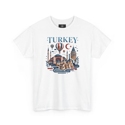 White T-shirt with blue Turkey-themed skyline, hot air balloon, and crescent moon graphic