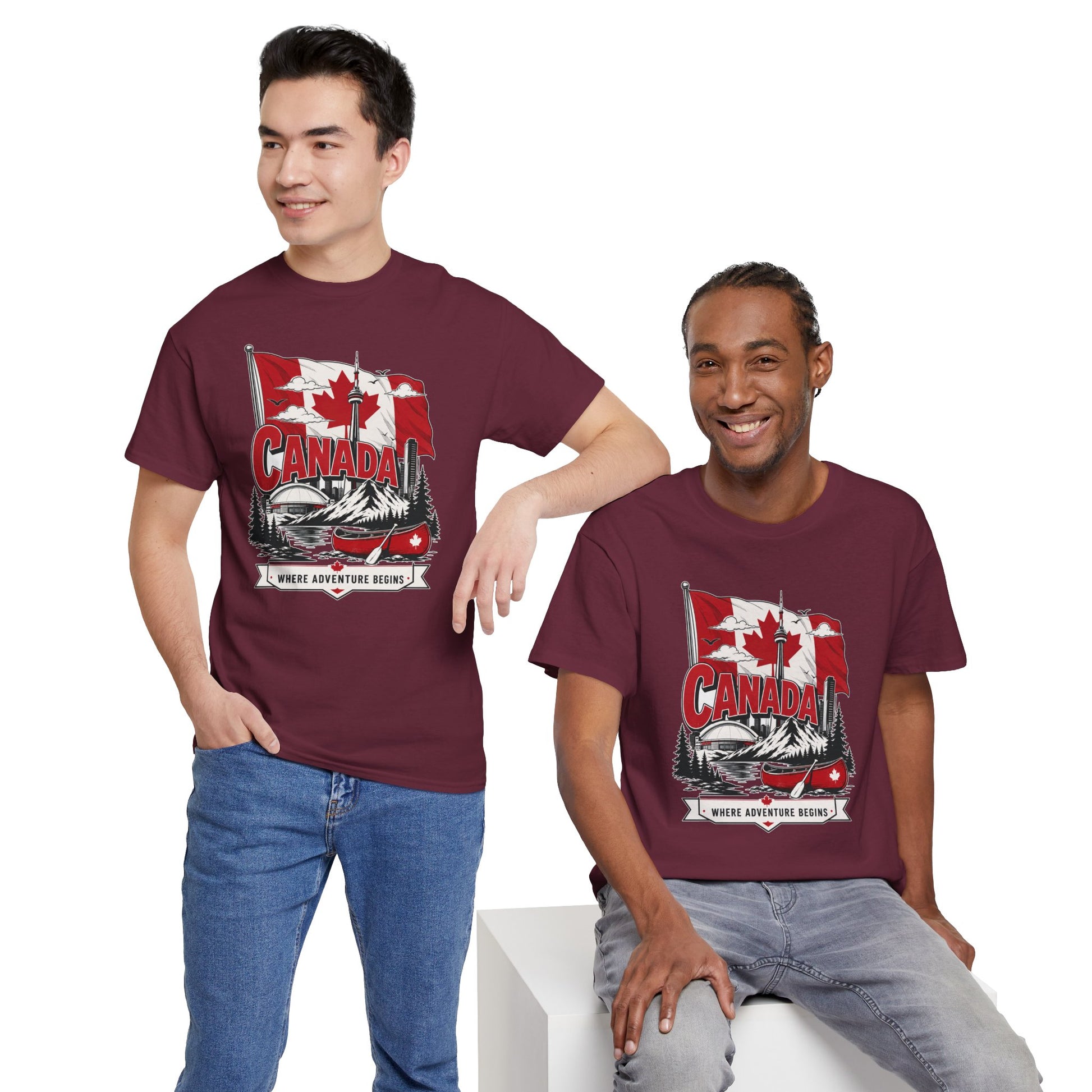 Maroon Canada graphic T-shirt with maple leaf and canoe chest print