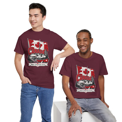 Maroon Canada graphic T-shirt with maple leaf and canoe chest print