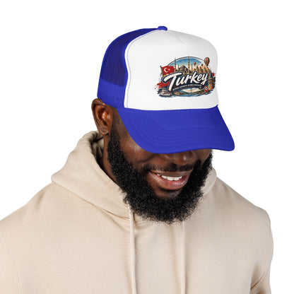 Blue and white trucker cap with mesh panels, curved brim, and front Turkey logo