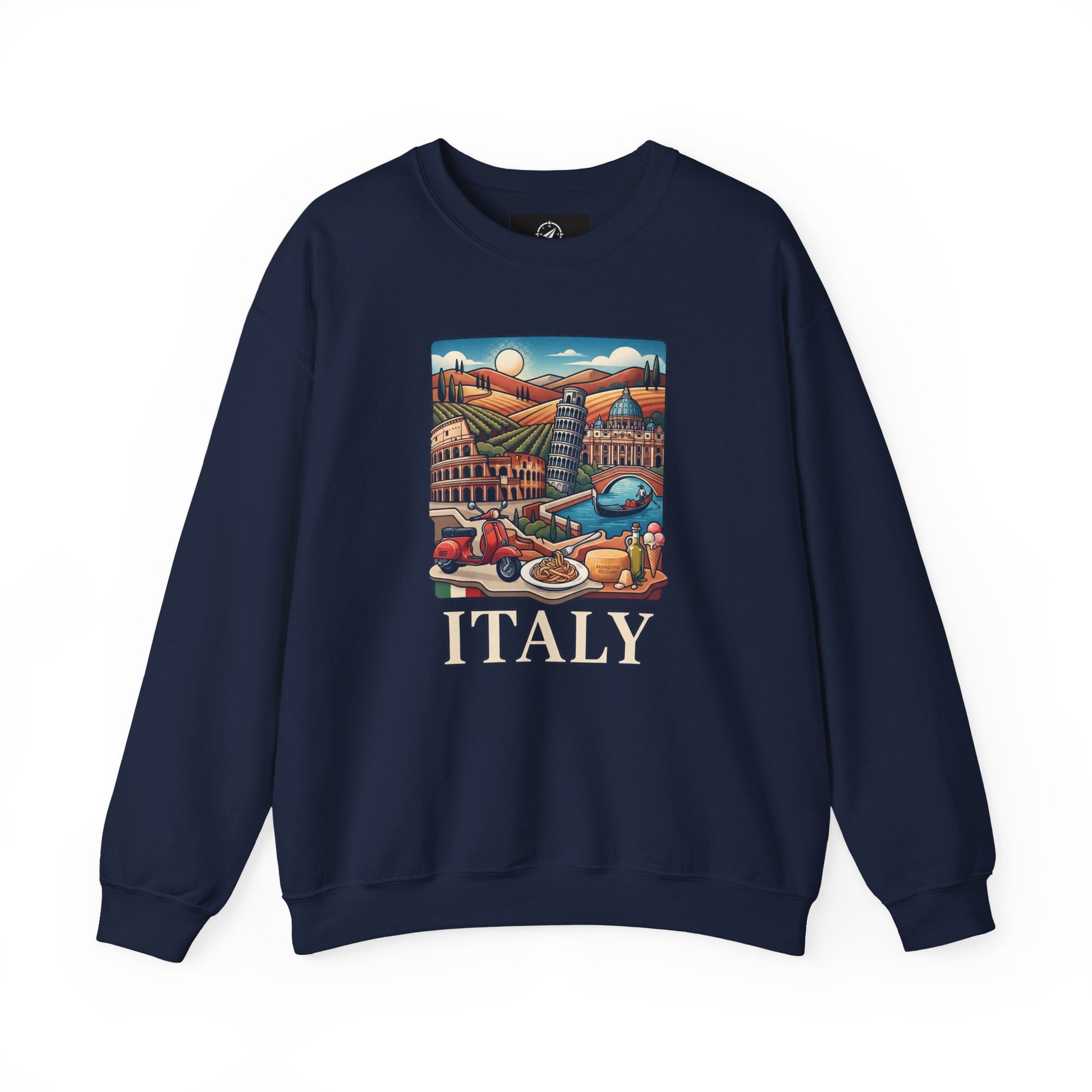 Navy crewneck sweatshirt with colorful 'ITALY' graphic on the chest