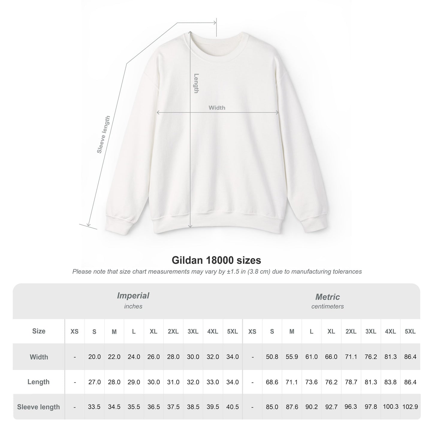 Crewneck sweatshirt size chart showing width and length measurements
