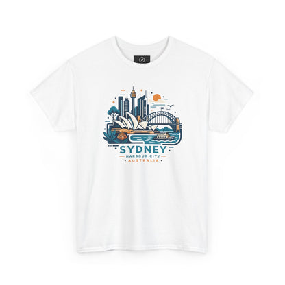 Natural T-shirt close-up with DESTINASEE label and graphic icons