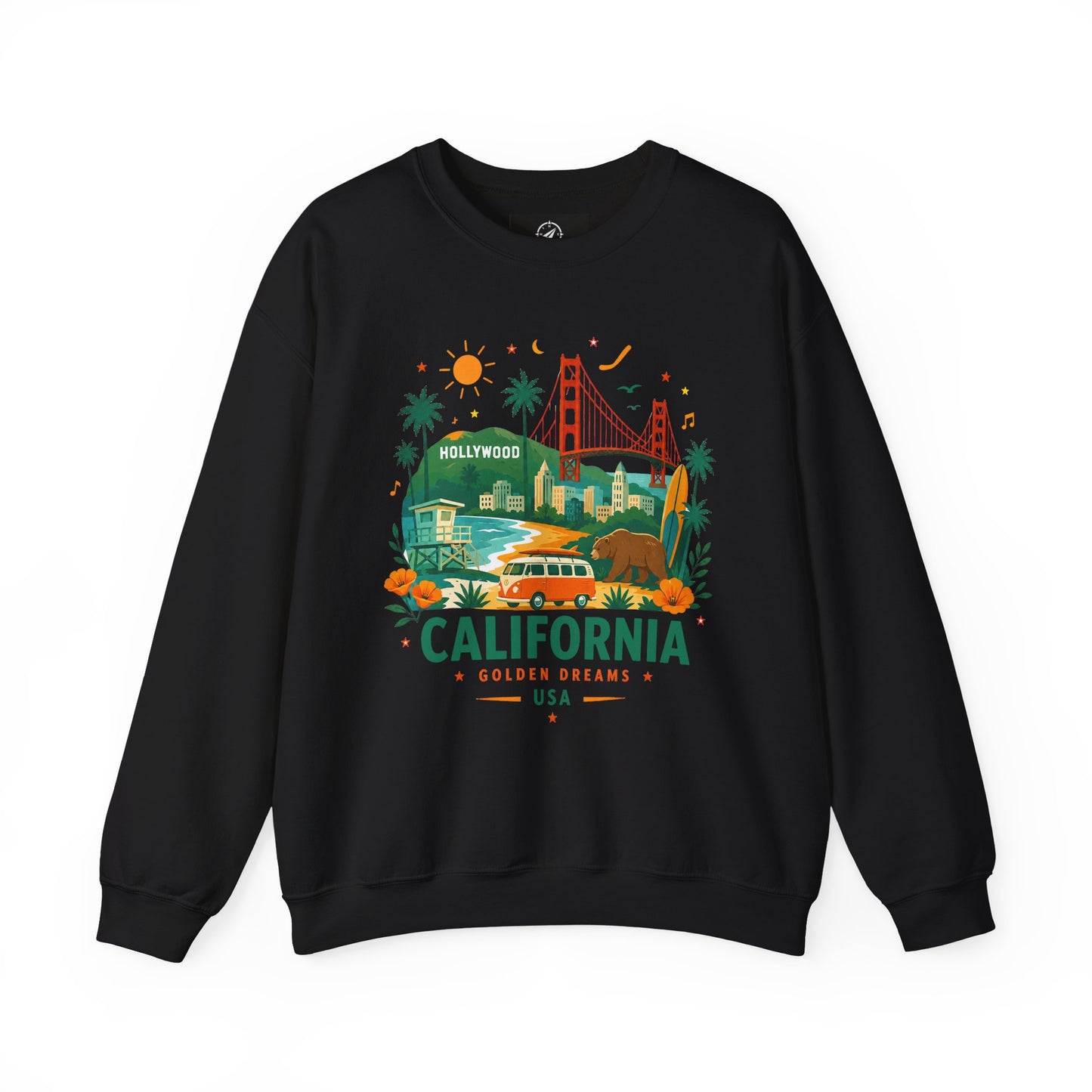 Black crewneck sweatshirt, front view with California graphic and long sleeves