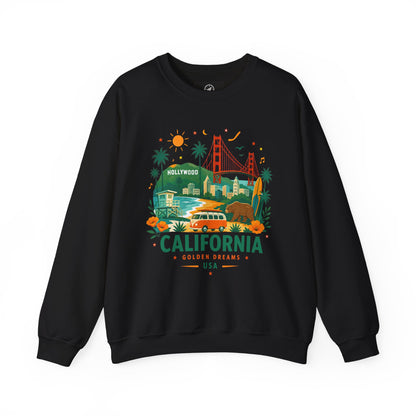 Black crewneck sweatshirt, front view with California graphic and long sleeves