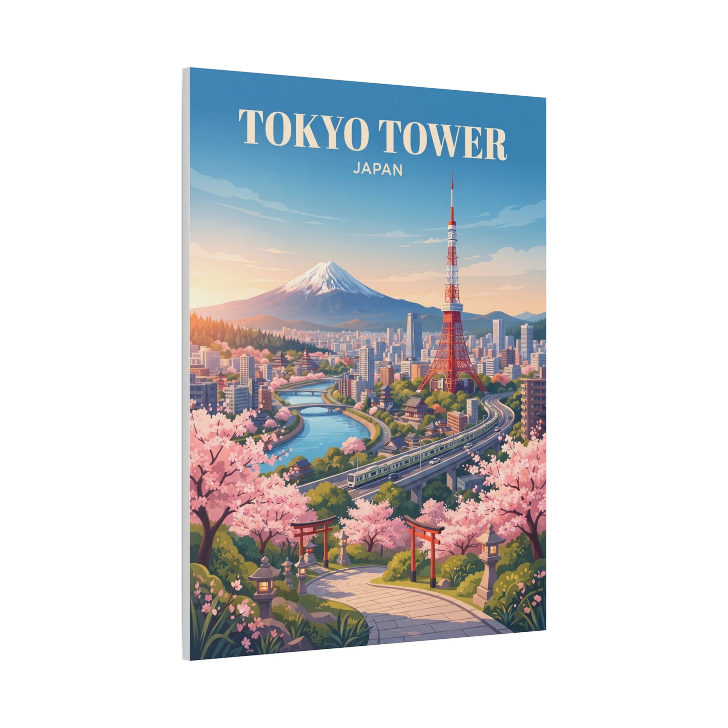 Matte canvas wall art with Tokyo Tower, cherry blossoms, and a scenic city walkway.