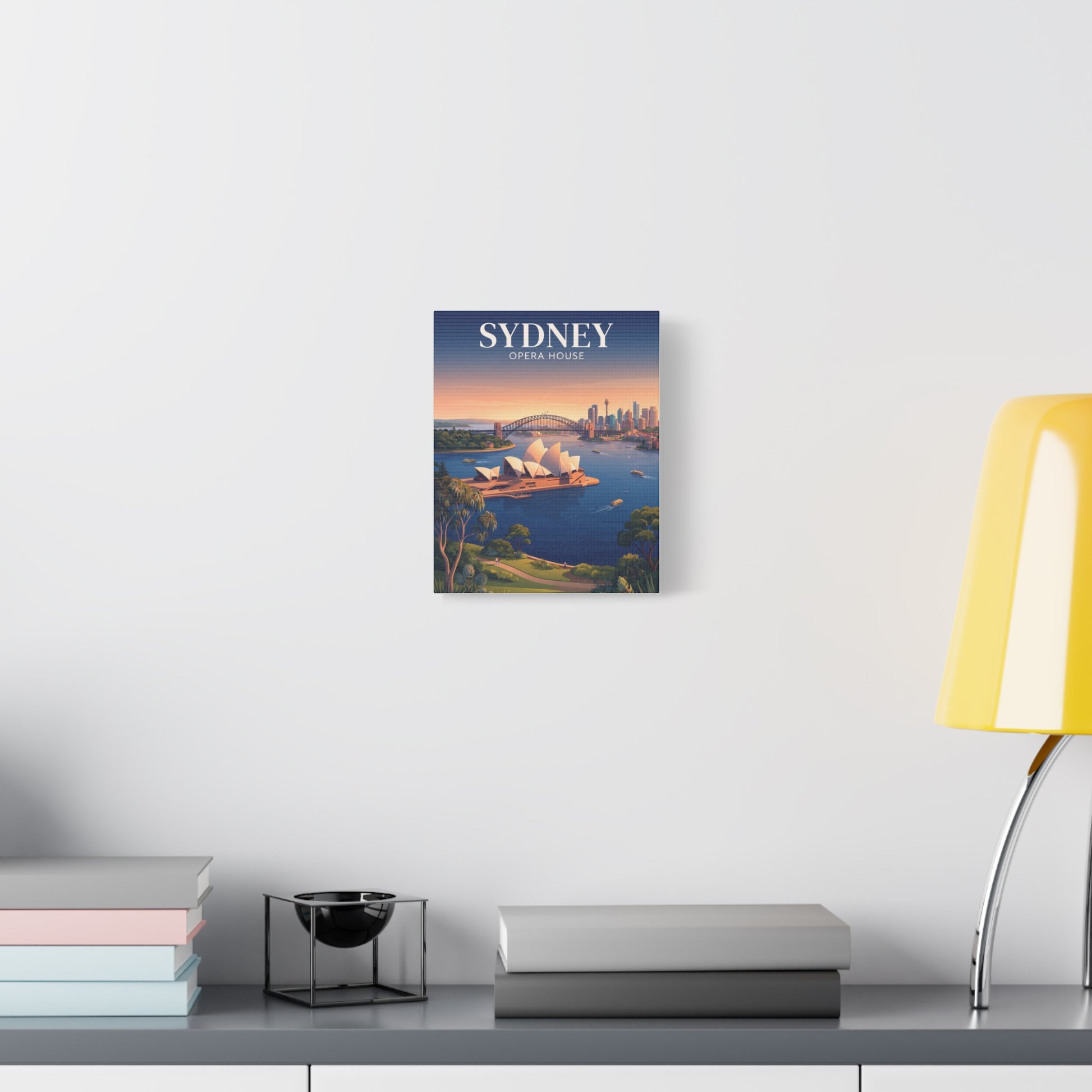 Square canvas wall art with Sydney Opera House cityscape and blue title text