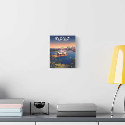 Square canvas wall art with Sydney Opera House cityscape and blue title text