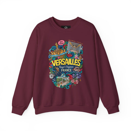 Maroon crewneck sweatshirt with colorful Versailles illustrated graphic on the front