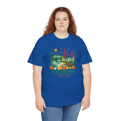 Blue short-sleeve T-shirt with colorful California skyline graphic