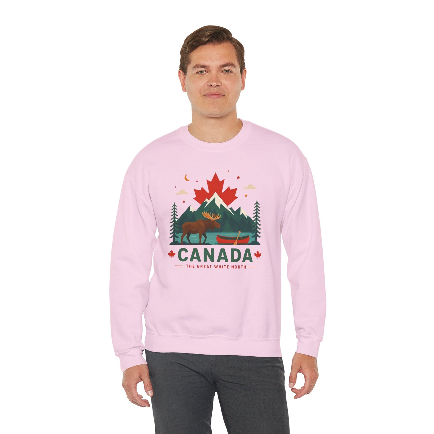 Pink crewneck sweatshirt on model, front graphic with Canada text