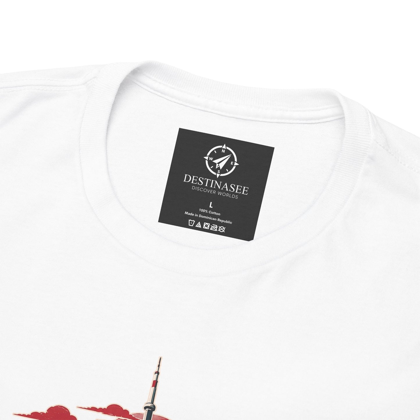White T-shirt with crew neck and small black Destinasee label at collar