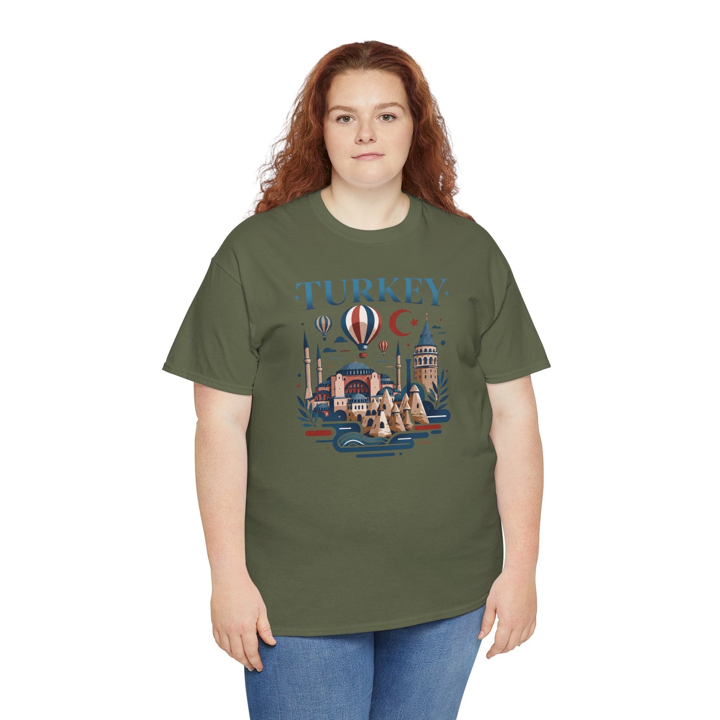 Olive green T-shirt with blue Turkey-themed skyline, hot air balloon, and crescent moon graphic