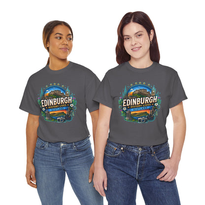 Charcoal gray travel T-shirt with colorful circular Edinburgh graphic on the chest