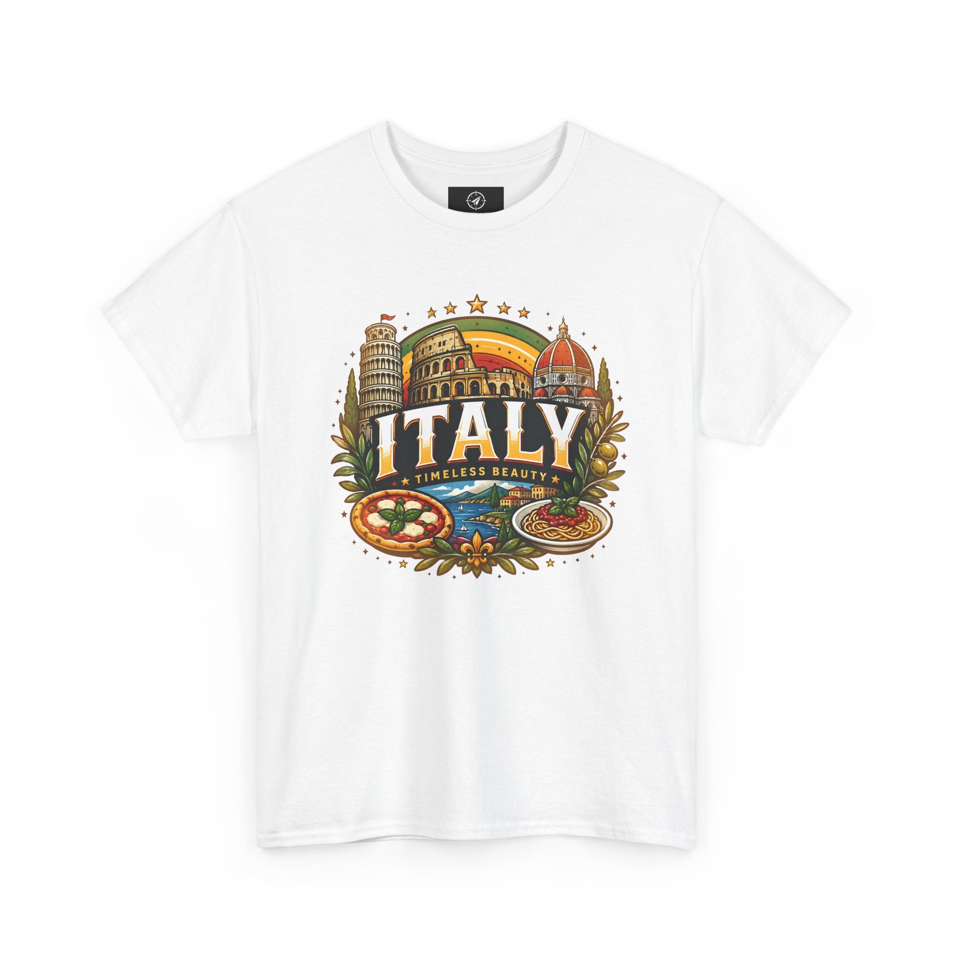 White t-shirt with vintage Italy travel emblem graphic on the front