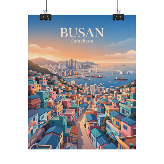 Rolled travel poster featuring Busan Gamecheon city and harbor skyline illustration