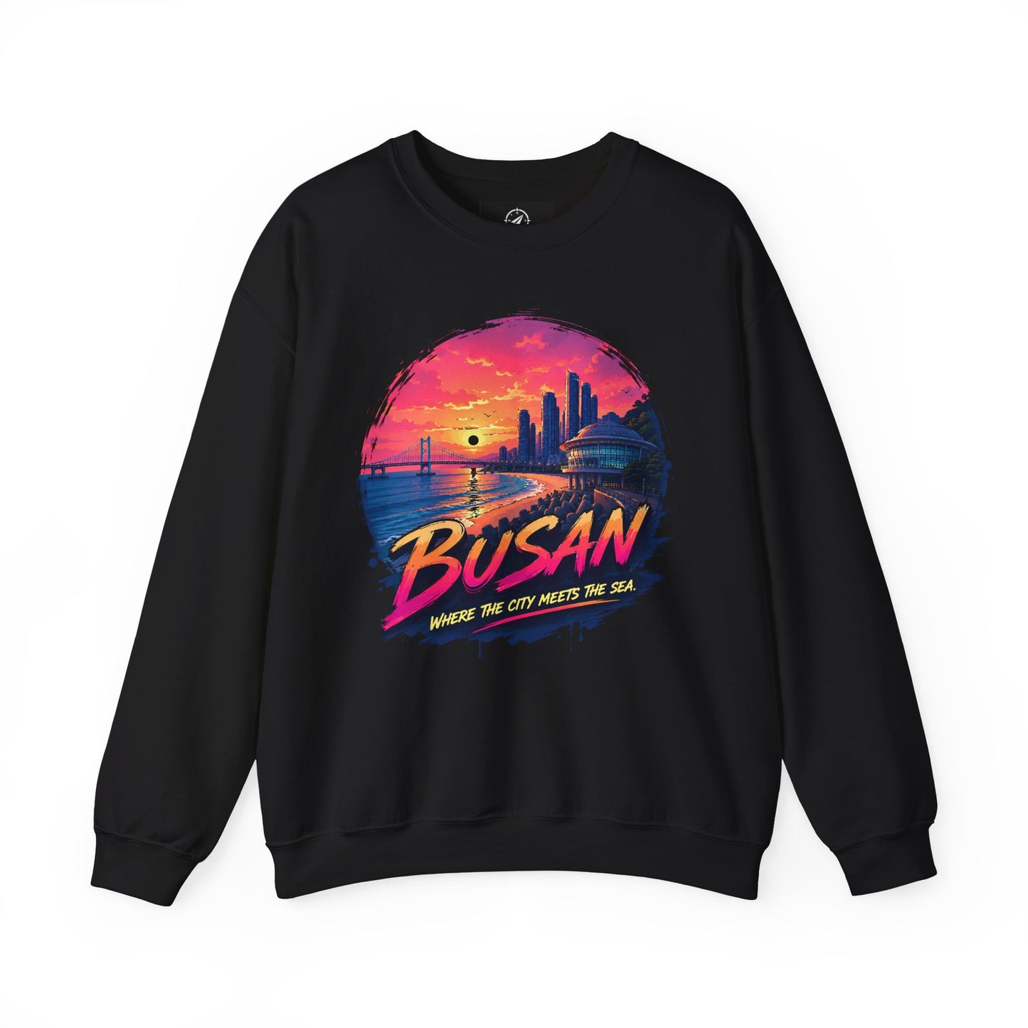 Black crewneck sweatshirt, front graphic of Busan sunset over sea and skyline