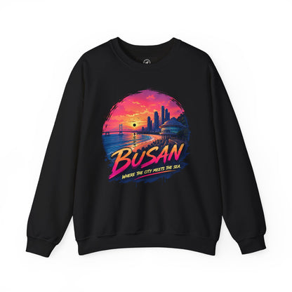 Black crewneck sweatshirt, front graphic of Busan sunset over sea and skyline