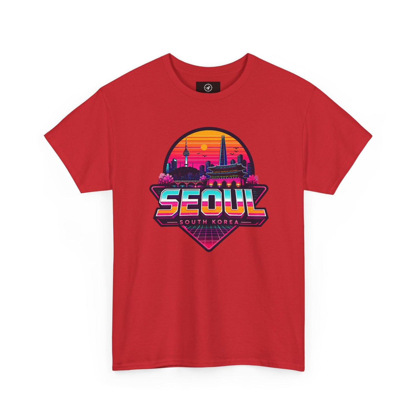 Red t-shirt with Seoul city skyline graphic and neon heart print on the chest