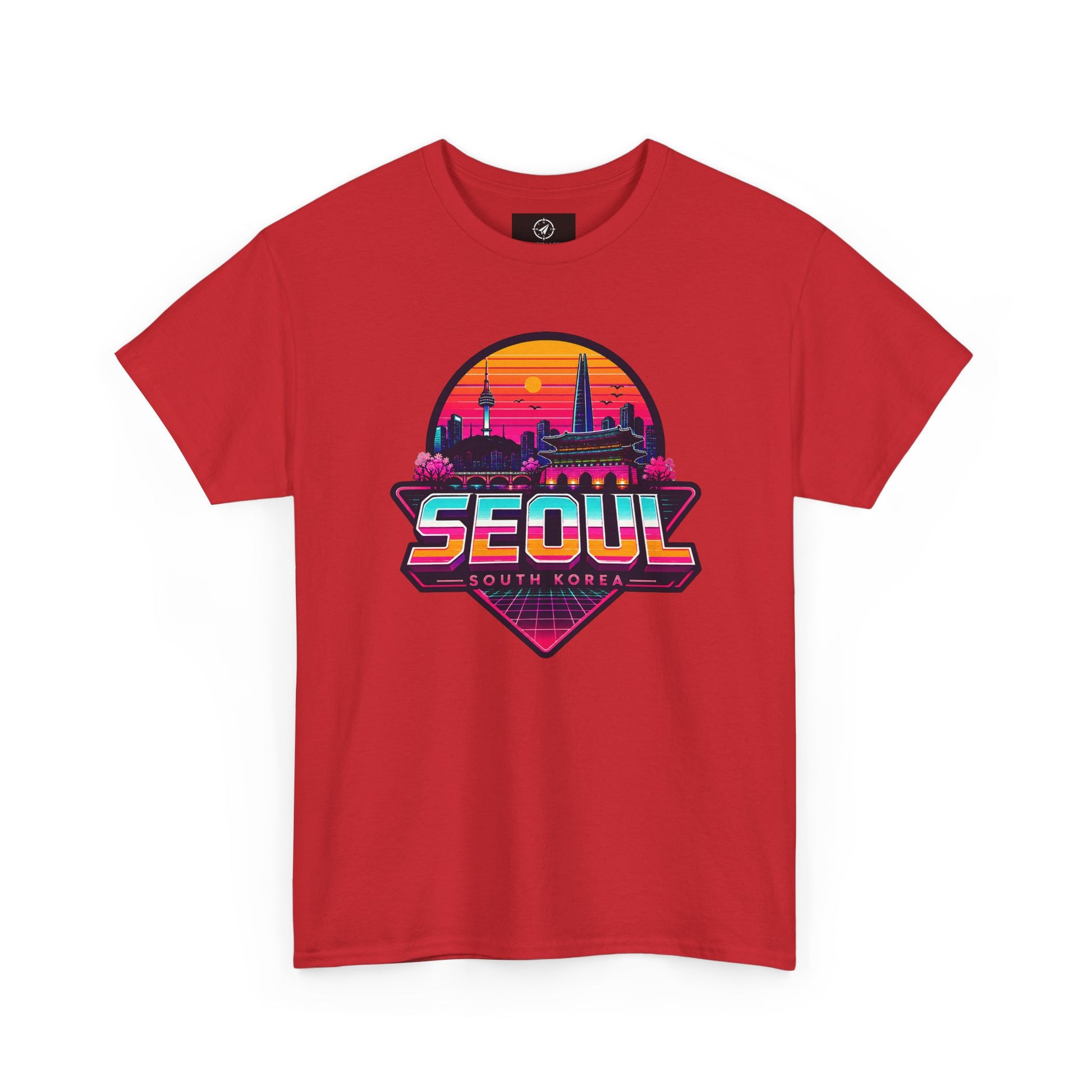 Red t-shirt with Seoul city skyline graphic and neon heart print on the chest