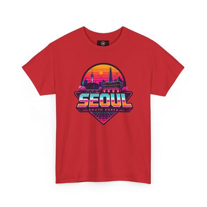 Red t-shirt with Seoul city skyline graphic and neon heart print on the chest