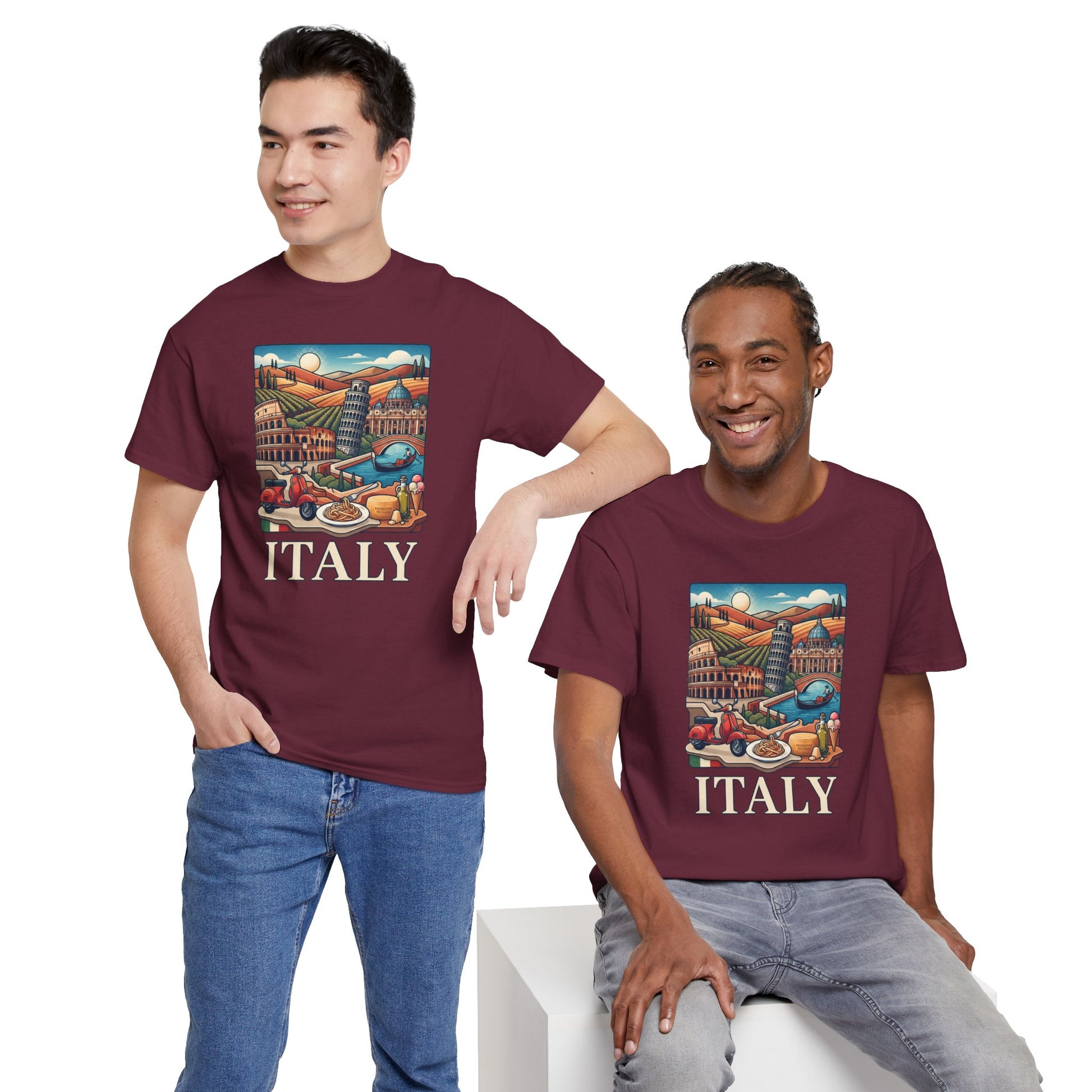 Maroon crewneck graphic T-shirt with colorful Italy scene and “ITALY” print on chest