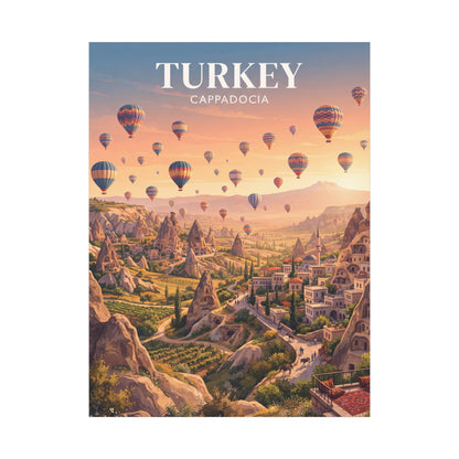 Matte canvas wall art depicting hot air balloons above Cappadocia houses, 'TURKEY' heading.