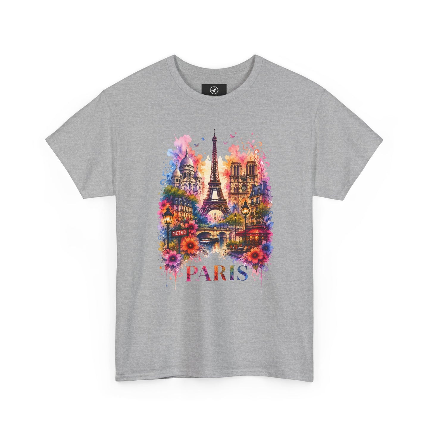 Unisex heather gray T-shirt with colorful floral Eiffel Tower graphic and “PARIS”