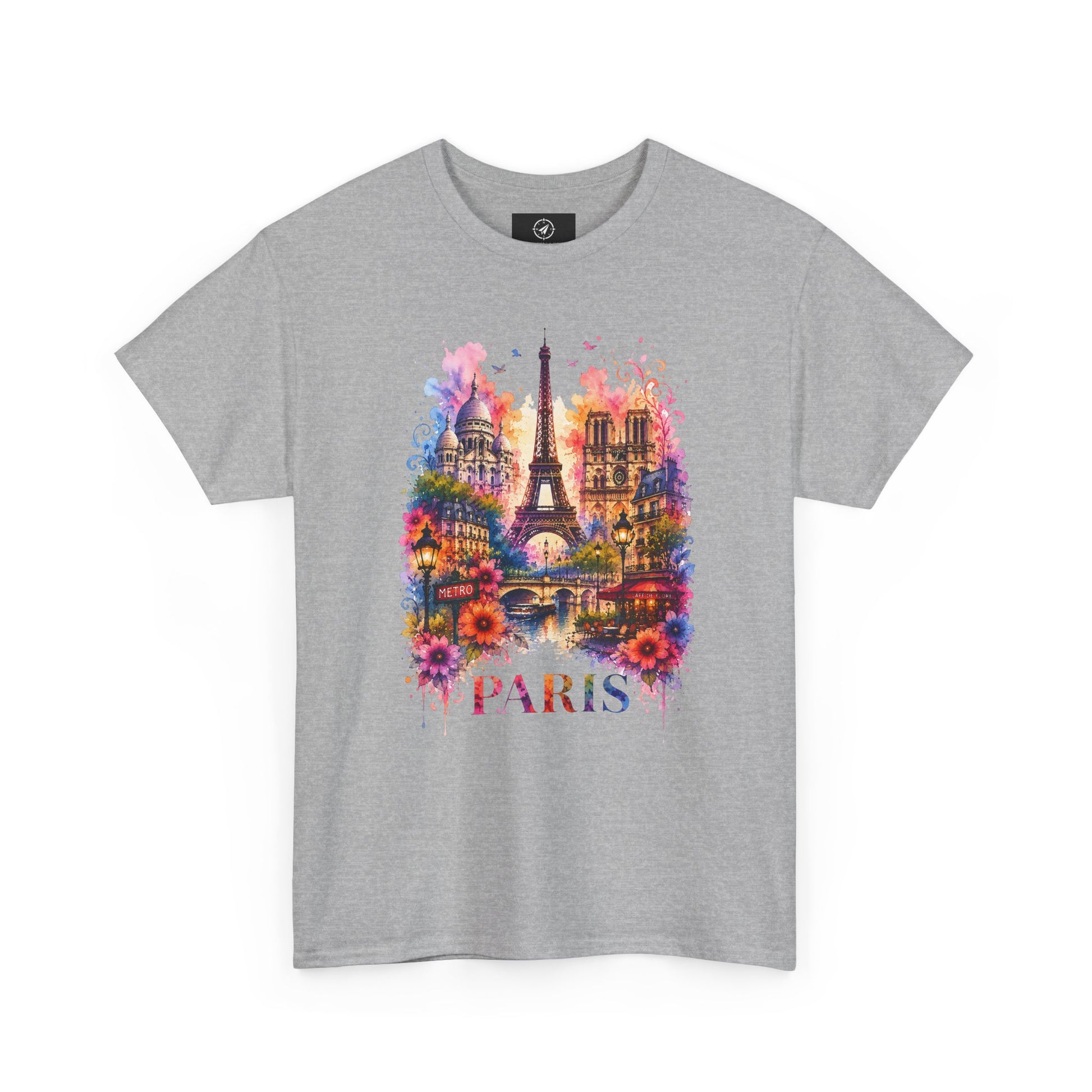 Unisex heather gray T-shirt with colorful floral Eiffel Tower graphic and “PARIS”
