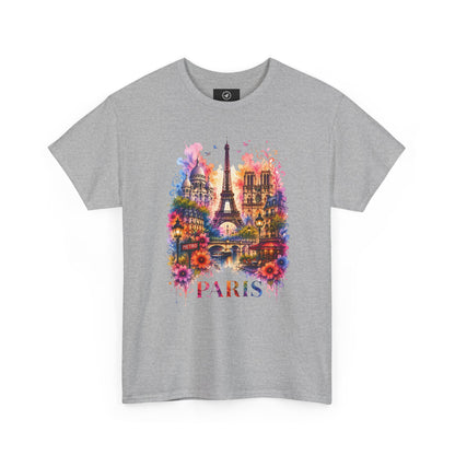 Unisex heather gray T-shirt with colorful floral Eiffel Tower graphic and “PARIS”
